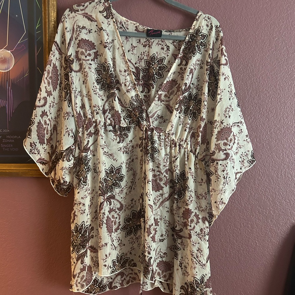 Boho Floral V-Neck Women's Top - Cream with Brown Floral